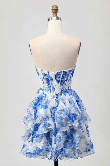 White Blue Floral A-line Strapless Ruffle Cut Out Homecoming Dress with Bow